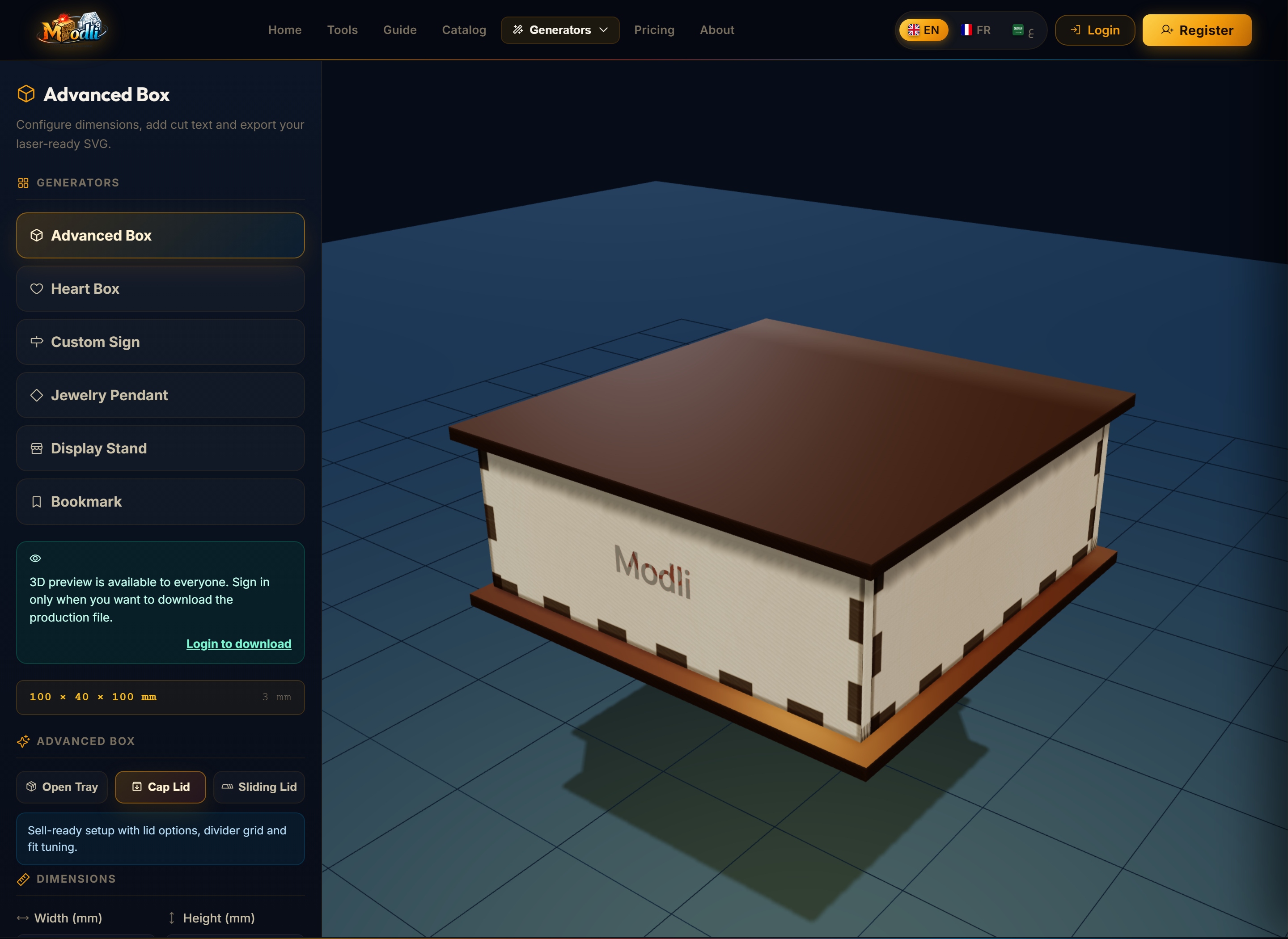 Modli parametric 3D box generator