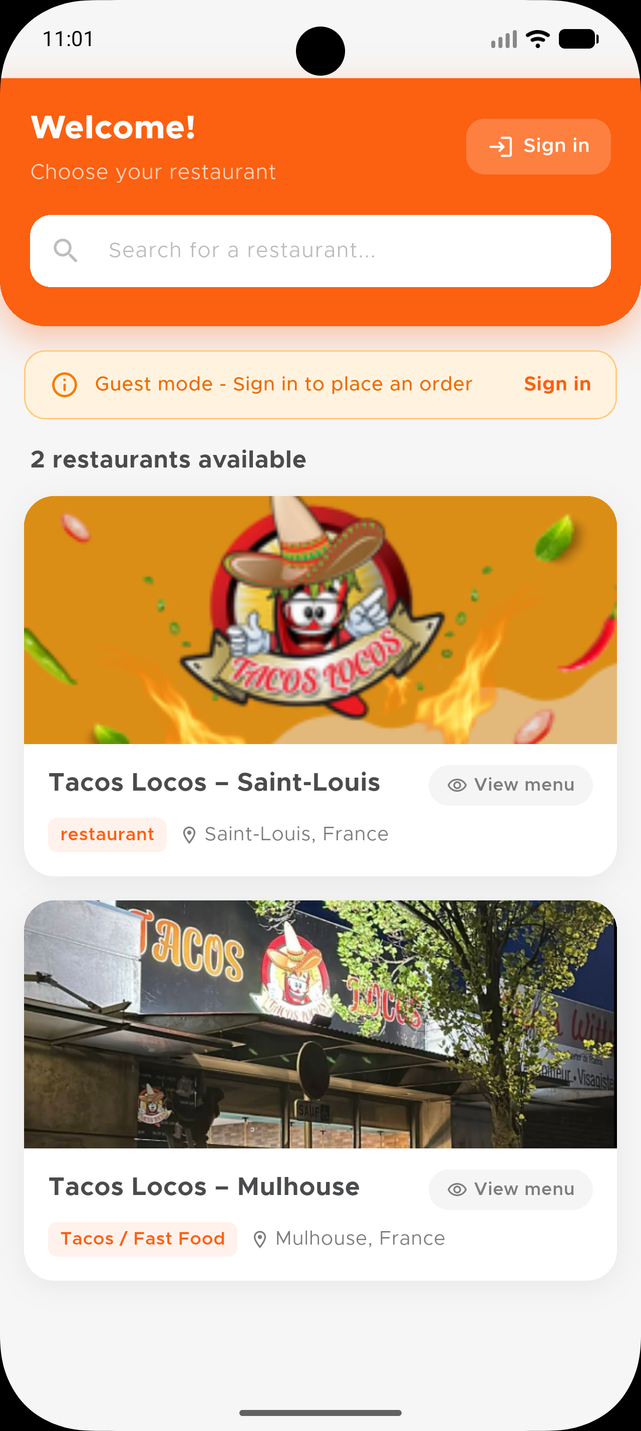 Application Tacos Locos — écran 1