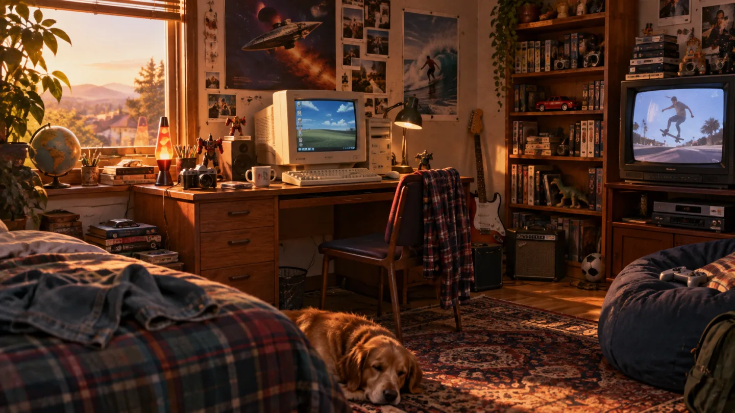 Une chambre nostalgique avec ordinateur, télévision et objets rétro